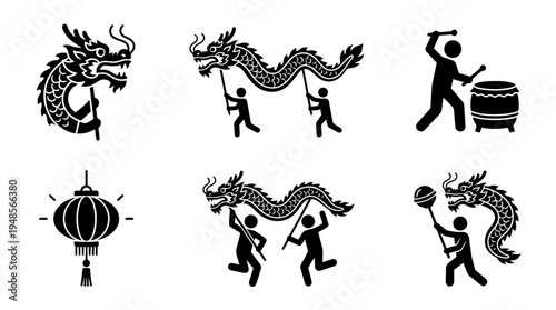collection of dragon dance, 6 filled black minimal icon vector set , white background , PNG and SVG isolate