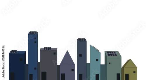 Sustainable Urban Living Illustration featuring Modern Eco-Friendly Buildings with Solar Panels on White Background for Clean Energy Concepts
