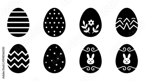 collection of easter egg, 6 filled black minimal icon vector set , white background , PNG and SVG isolate