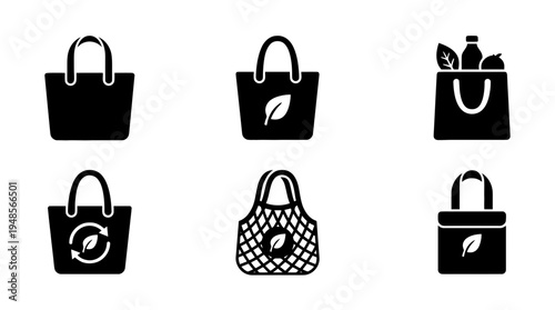 collection of eco bag, 6 filled black minimal icon vector set , white background , PNG and SVG isolate