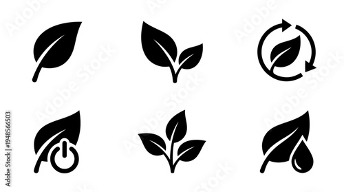 collection of eco leaf, 6 filled black minimal icon vector set , white background , PNG and SVG isolate