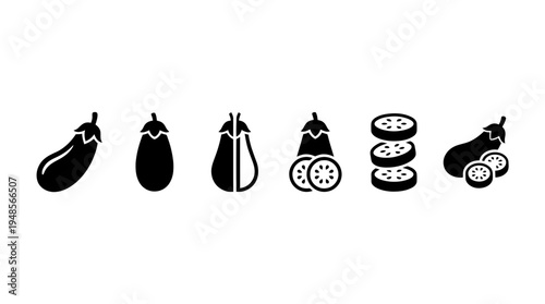 collection of eggplant, 6 filled black minimal icon vector set , white background , PNG and SVG isolate