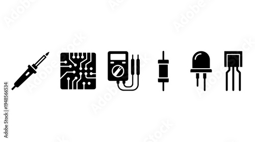 collection of electronics diy, 6 filled black minimal icon vector set , white background , PNG and SVG isolate