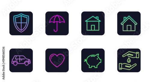 Collection of Neon Icons Representing Protection and Finance.
