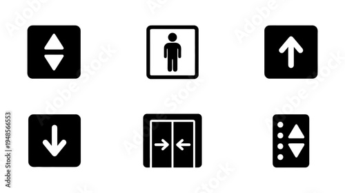 collection of elevator, 6 filled black minimal icon vector set , white background , PNG and SVG isolate