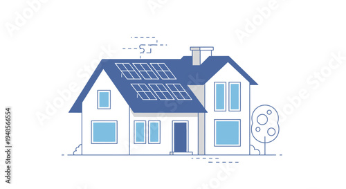 Modern Eco-Friendly House Illustration with Solar Panels on Roof for Sustainable Living and Renewable Energy Concepts