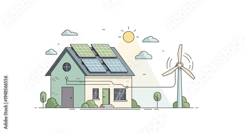 Modern Eco-Friendly House Illustration Featuring Solar Panels and Wind Turbine for Renewable Green Energy and Sustainable Living Concepts