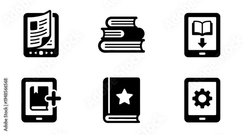 collection of ereader book, 6 filled black minimal icon vector set , white background , PNG and SVG isolate