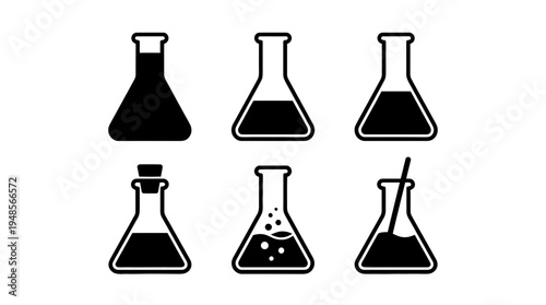collection of erlenmeyer flask, 6 filled black minimal icon vector set , white background , PNG and SVG isolate