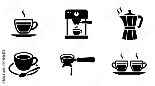 collection of espresso shot, 6 filled black minimal icon vector set , white background , PNG and SVG isolate