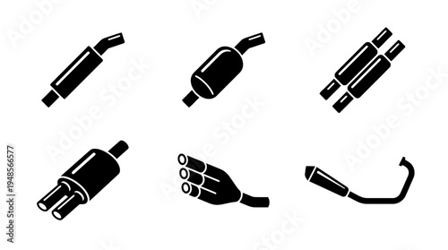 collection of exhaust pipe, 6 filled black minimal icon vector set , white background , PNG and SVG isolate