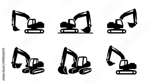 collection of excavator, 6 filled black minimal icon vector set , white background , PNG and SVG isolate