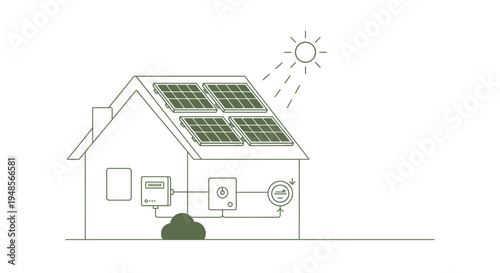 Minimalist House Line Art with Solar Panels and Energy Metering System Illustration