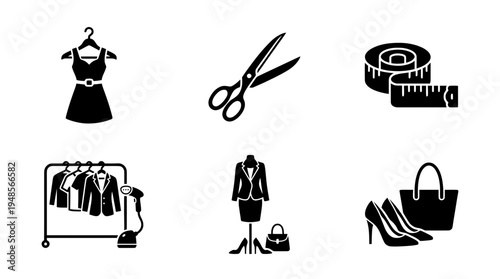 collection of fashion styling, 6 filled black minimal icon vector set , white background , PNG and SVG isolate