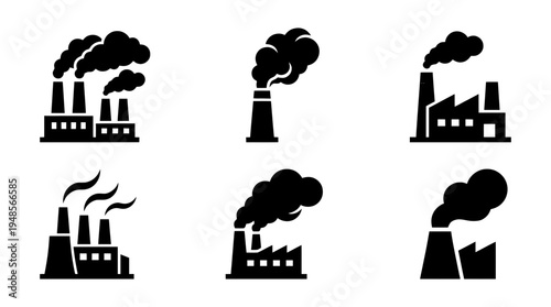 collection of factory smoke, 6 filled black minimal icon vector set , white background , PNG and SVG isolate