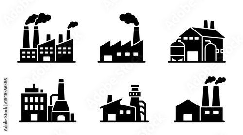collection of factory building, 6 filled black minimal icon vector set , white background , PNG and SVG isolate