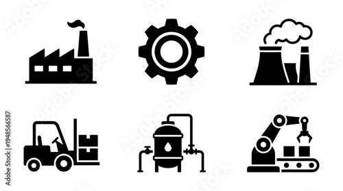 collection of factory, 6 filled black minimal icon vector set , white background , PNG and SVG isolate