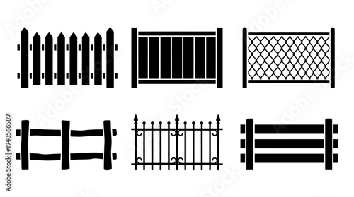 collection of fence, 6 filled black minimal icon vector set , white background , PNG and SVG isolate