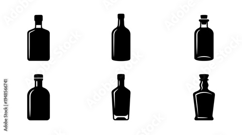 collection of gin bottle, 6 filled black minimal icon vector set , white background , PNG and SVG isolate