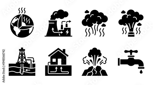 collection of geothermal energy, 6 filled black minimal icon vector set , white background , PNG and SVG isolate