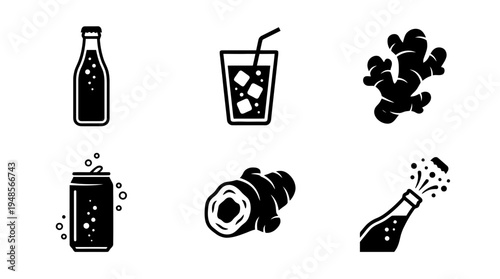 collection of ginger ale, 6 filled black minimal icon vector set , white background , PNG and SVG isolate