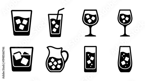 collection of glass with ice, 6 filled black minimal icon vector set , white background , PNG and SVG isolate