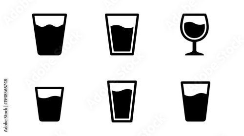collection of glass of water, 6 filled black minimal icon vector set , white background , PNG and SVG isolate