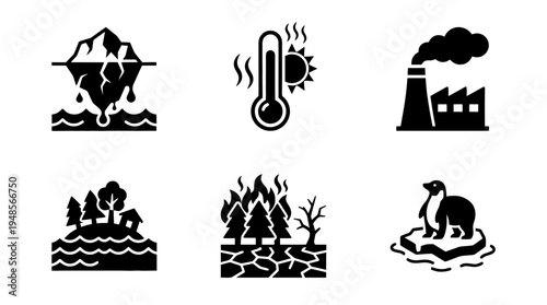 collection of global warming, 6 filled black minimal icon vector set , white background , PNG and SVG isolate