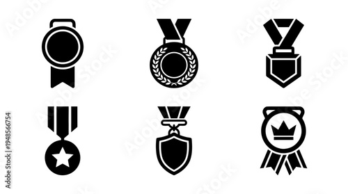 collection of gold medal, 6 filled black minimal icon vector set , white background , PNG and SVG isolate