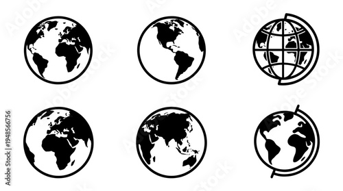 collection of globe earth, 6 filled black minimal icon vector set , white background , PNG and SVG isolate