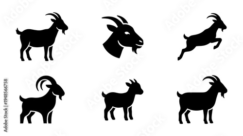 collection of goat, 6 filled black minimal icon vector set , white background , PNG and SVG isolate