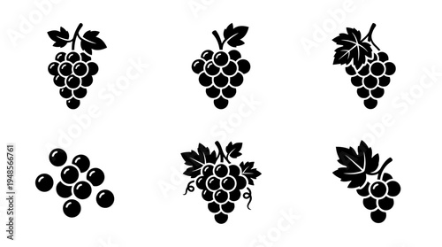 collection of grapes, 6 filled black minimal icon vector set , white background , PNG and SVG isolate