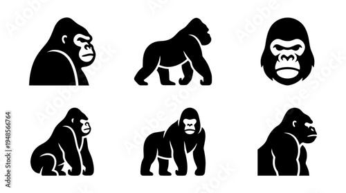 collection of gorilla, 6 filled black minimal icon vector set , white background , PNG and SVG isolate