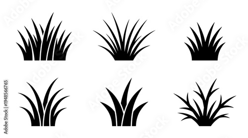 collection of grass tuft, 6 filled black minimal icon vector set , white background , PNG and SVG isolate