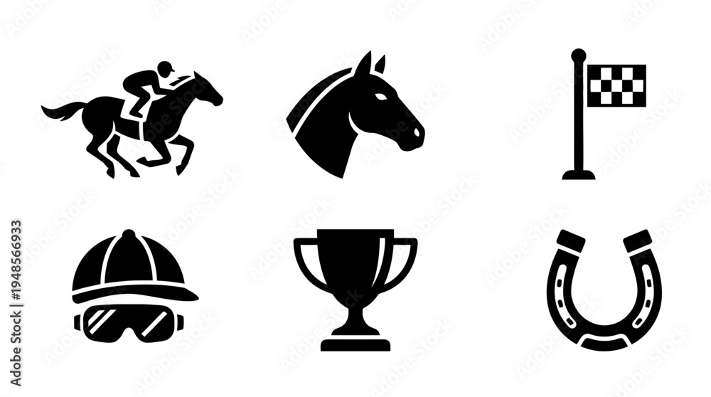 Fototapeta premium collection of horse racing, 6 filled black minimal icon vector set , white background , PNG and SVG isolate
