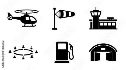 collection of heliport, 6 filled black minimal icon vector set , white background , PNG and SVG isolate