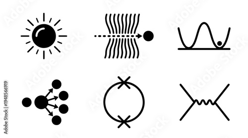 collection of higgs boson particle, 6 filled black minimal icon vector set , white background , PNG and SVG isolate
