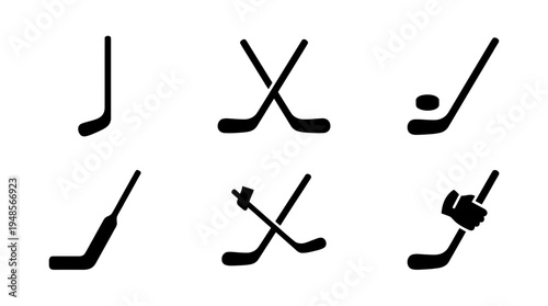 collection of hockey stick, 6 filled black minimal icon vector set , white background , PNG and SVG isolate