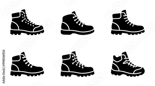 collection of hiking boots, 6 filled black minimal icon vector set , white background , PNG and SVG isolate