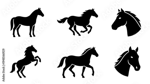 collection of horse, 6 filled black minimal icon vector set , white background , PNG and SVG isolate