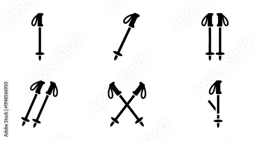 collection of hiking pole, 6 filled black minimal icon vector set , white background , PNG and SVG isolate