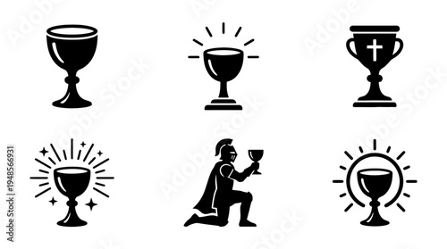collection of holy grail, 6 filled black minimal icon vector set , white background , PNG and SVG isolate