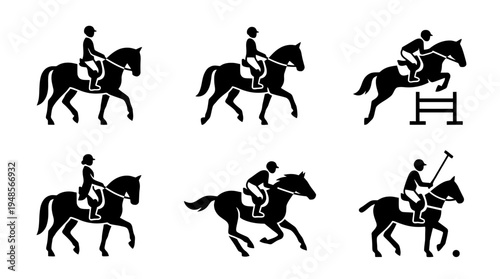 collection of horseback riding, 6 filled black minimal icon vector set , white background , PNG and SVG isolate
