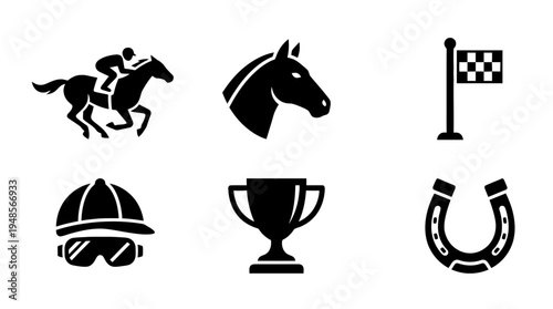 collection of horse racing, 6 filled black minimal icon vector set , white background , PNG and SVG isolate