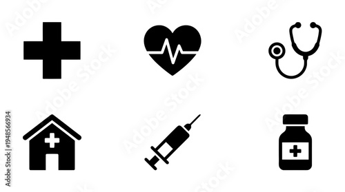 collection of hospital, 6 filled black minimal icon vector set , white background , PNG and SVG isolate