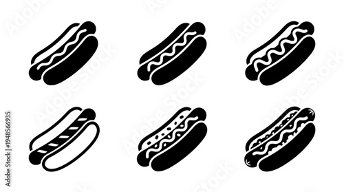 collection of hot dog, 6 filled black minimal icon vector set , white background , PNG and SVG isolate