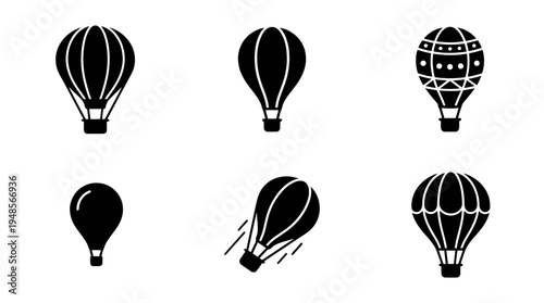 collection of hot air balloon, 6 filled black minimal icon vector set , white background , PNG and SVG isolate