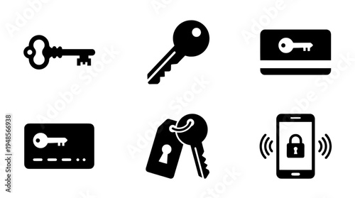 collection of hotel key, 6 filled black minimal icon vector set , white background , PNG and SVG isolate