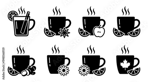 collection of hot toddy, 6 filled black minimal icon vector set , white background , PNG and SVG isolate