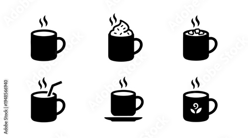 collection of hot chocolate, 6 filled black minimal icon vector set , white background , PNG and SVG isolate